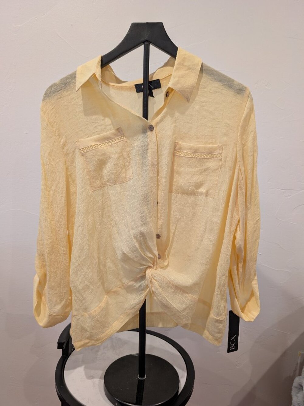 BCX • Lace‑Trim Twist‑Front Button Blouse • Soft Yellow • Size L • NWT